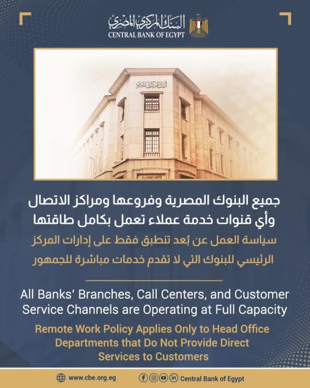 البنك المركزى يقرر تفعيل آلية العمل عن بعد داخل القطاع المصرفى يوم الاحد خلال شهر أبريل